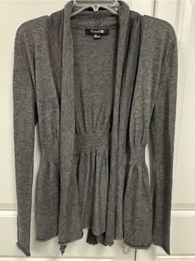 Forever 21 Open Cardigan Sweater Sz Large Lightweight Dark Gray Cinched Waist